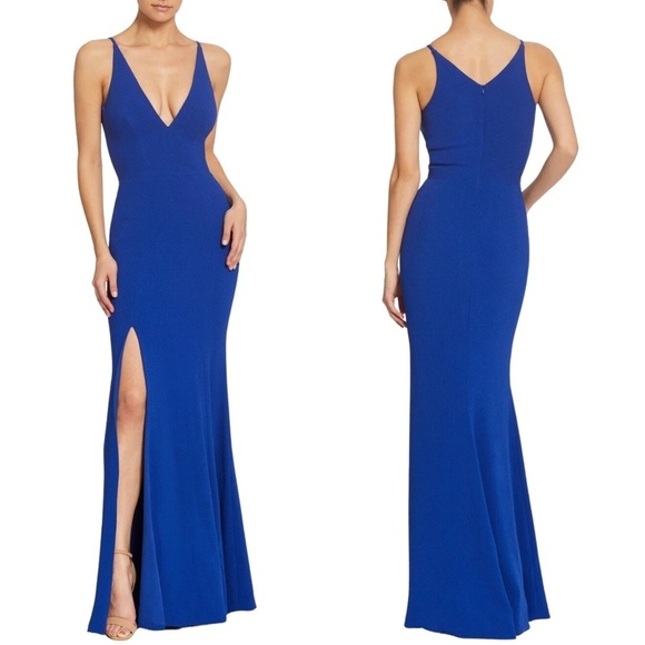 NWT Dress the Population Iris V Neck Front Slit Gown in Cobalt Sz. L - Picture 1 of 4